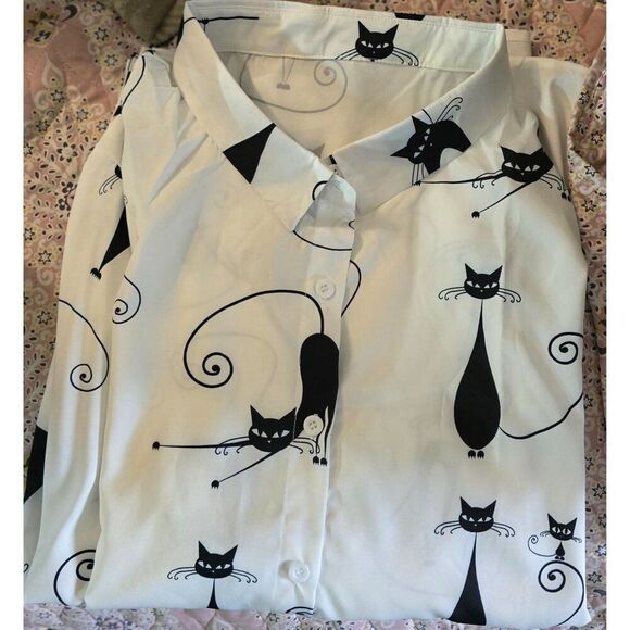 Black & White Cat Print Button-Up Shirt 4XL Long Sleeve Women 95% Polyester Fun - Picture 9 of 10
